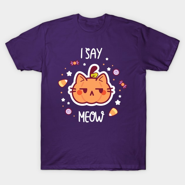 Cute pumpkin cat Halloween illustration T-Shirt by Saya Raven